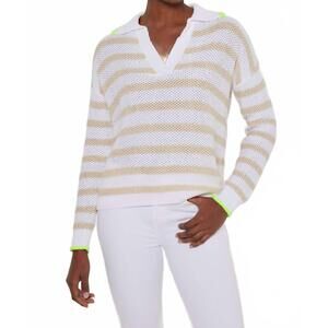 NEW LISA TODD women's stripescape polo collar cotton sweater in white/almond